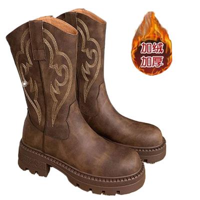 SyfIyno Темно-коричневый Светло-коричневый Плюс Плюшевая Кожа Вестерн Полусапоги Вышивка Женщины Осень Зима Ботильоны Женские Сапоги