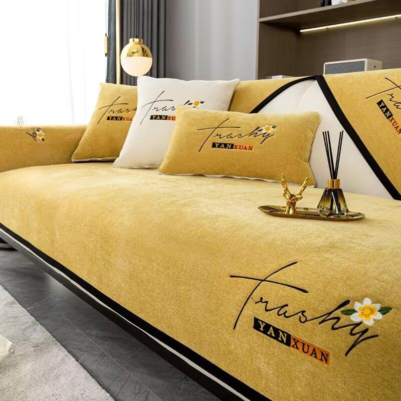 Чехол для дивана с вышитыми буквами, черный кант, универсальная подушка для дивана Four Seasons Northern Europe, нескользящая подушка для дивана из шенилла