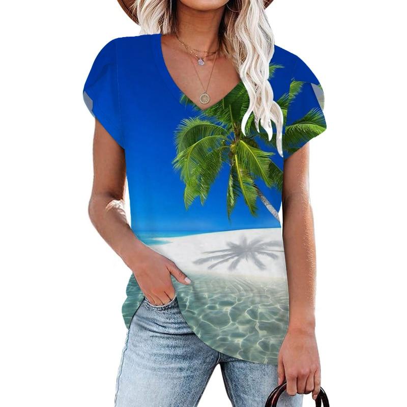 Blusas 2023 Летняя пляжная футболка с коротким рукавом, модная женская уличная футболка с принтом, свободная футболка с круглым вырезом, элегантная одежда 25702