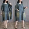 DIMANAF Женское 2025 Новое Летнее Платье Плюс Размер Джинсовое Винтажное О-Образным Вырезом Элегантное Свободное Синие Базовые Платья Макси