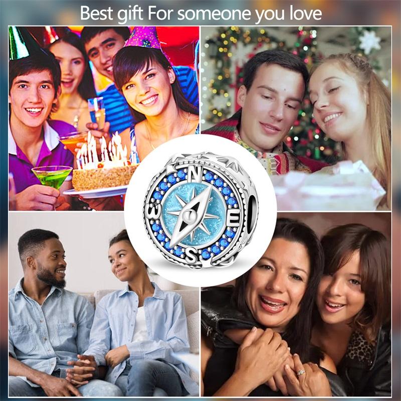 925 Silver Compass Charms Beads Sparkling CZ Zircon Dangle Fit Original Bracelet DIY For Women Travel Jewelry Gifts
