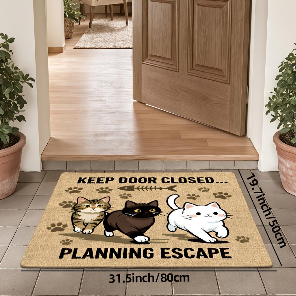 Funny Cat Doormat, Keep Door Closed Planning Escape Rug, Cute Kitten Entrance Floor Mat, Non-Slip Home Decor for Entryway