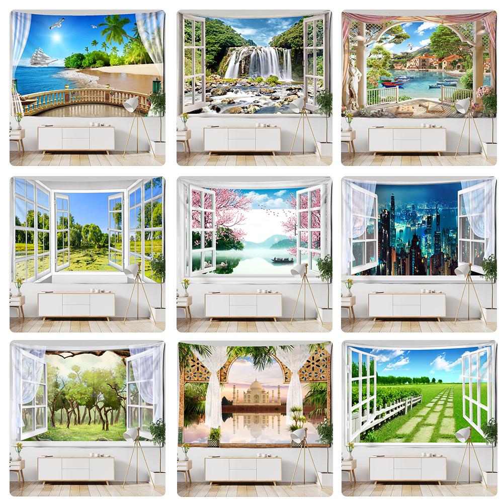 Scenery Tapestry Hanging On the Wall Outside the Window with Bohemian Style Curtains and Mandala Room Decoration Tapestry