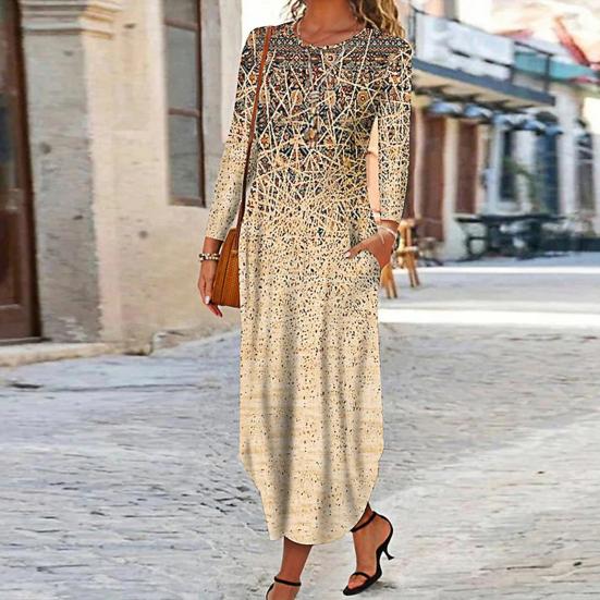 Fall Spring Women Dress O Neck with Pockets Long Sleeves A-line Printing Loose Irregular Hem Dating Commuting Maxi Dress