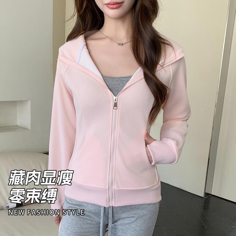 Korean-style pocketed hooded zip-up sweatshirt for women, spring and autumn, long-sleeved, slim-fit, waist-cinching, high-end, fleece-lined jacket