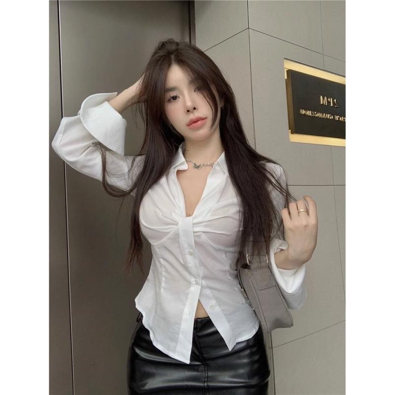 Женская белая блузка с V-образным вырезом и длинными рукавами - Французский шик, Приталенный дизайн с драпировкой для осени и лета