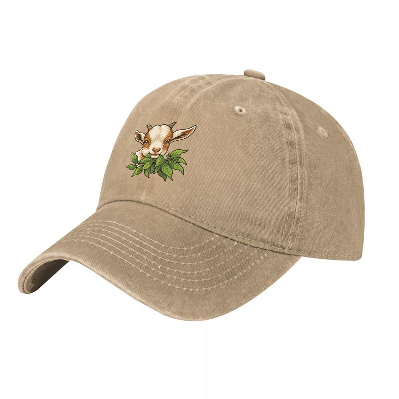 Goat Face Embroidered Washed Cotton Baseball Cap Classic Black Adjustable Hat with Green Leaves Design for Unisex and Women