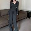 Women's Solid Color Zipper Hooded Cardigan Sweater Two-Piece Suit for Autumn/Winter Casual Fashion.