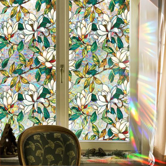 Flower Window Privacy Film Double-sided Stained Glass Rainbow Window Film Sun Blocking Static Covering Cling Sticker PVC Window Door Decorative