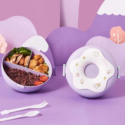 Мультфильм Bento Lunch Box для детей, студенческая коробка для закусок, пончик, герметичный контейнер для ланча с фруктами, вилкой, ложкой, 3 отделениями для микроволновой печи