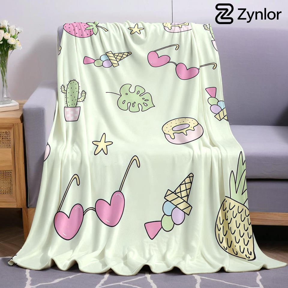 Summer Doodle Cartoon Anime Print Flannel Blanket Soft Warm Throw for Kids Bedroom Sofa Bed Christmas Office Car