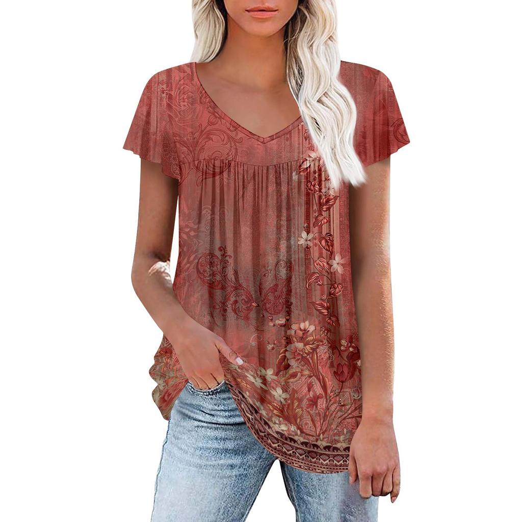 Женские туники, элегантные повседневные летние рубашки с коротким рукавом, цветочные свободные плиссированные топы в стиле бохо
