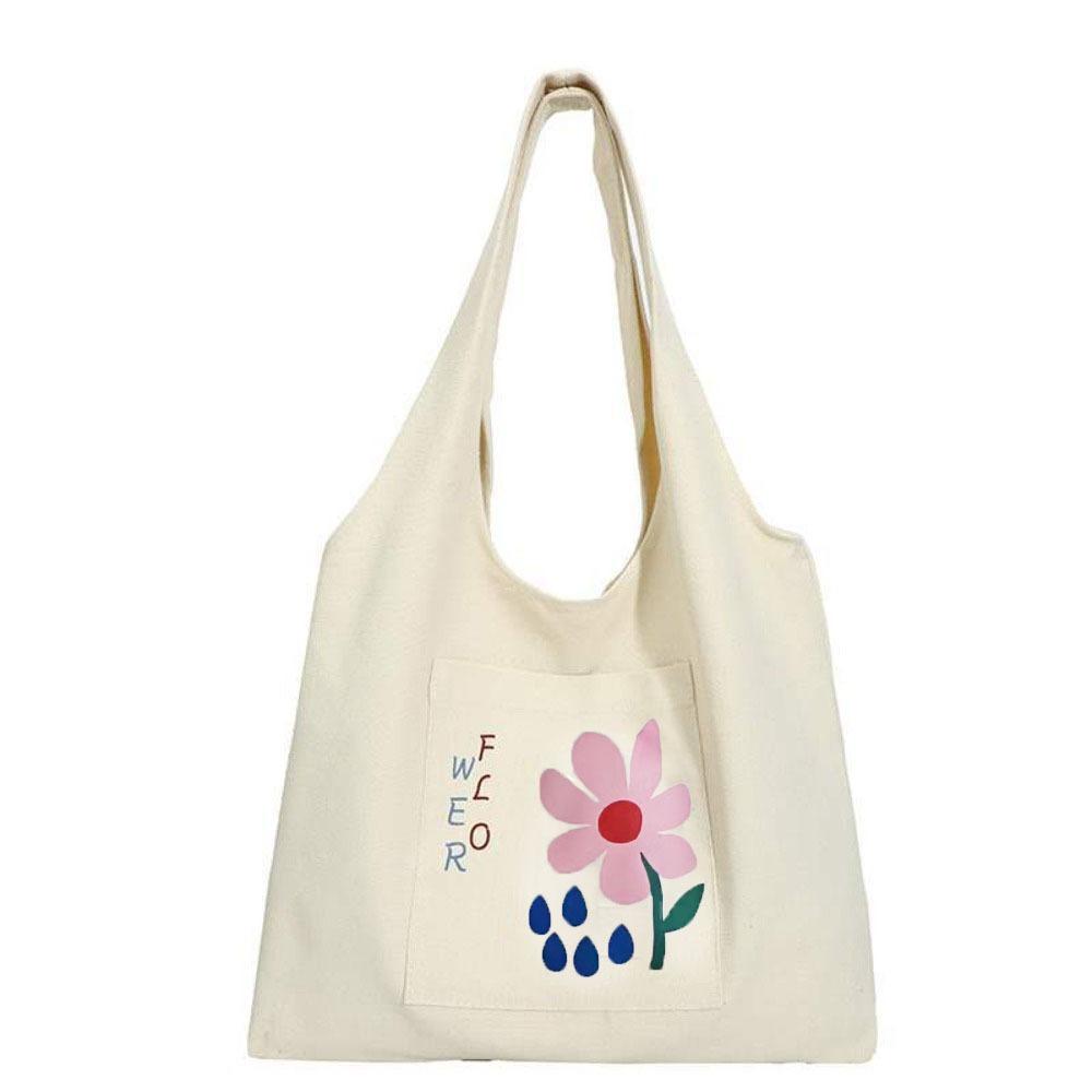 Korean Style Canvas Shoulder Bag Large Capacity Women's Armpit Bag Cute Flower Tote Bag  Girls