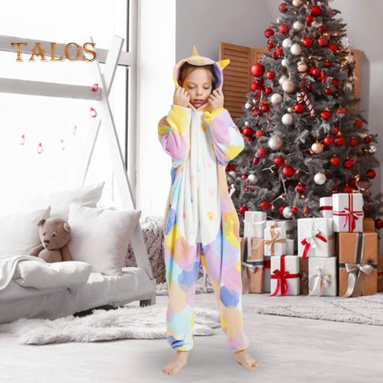 Flannel Lounge Jumpsuit with Exclusive Animal Hat Bright Colored Pajamas Long Sleeve Starry Pattern Cartoon Style Lounge Kids Daily Wear