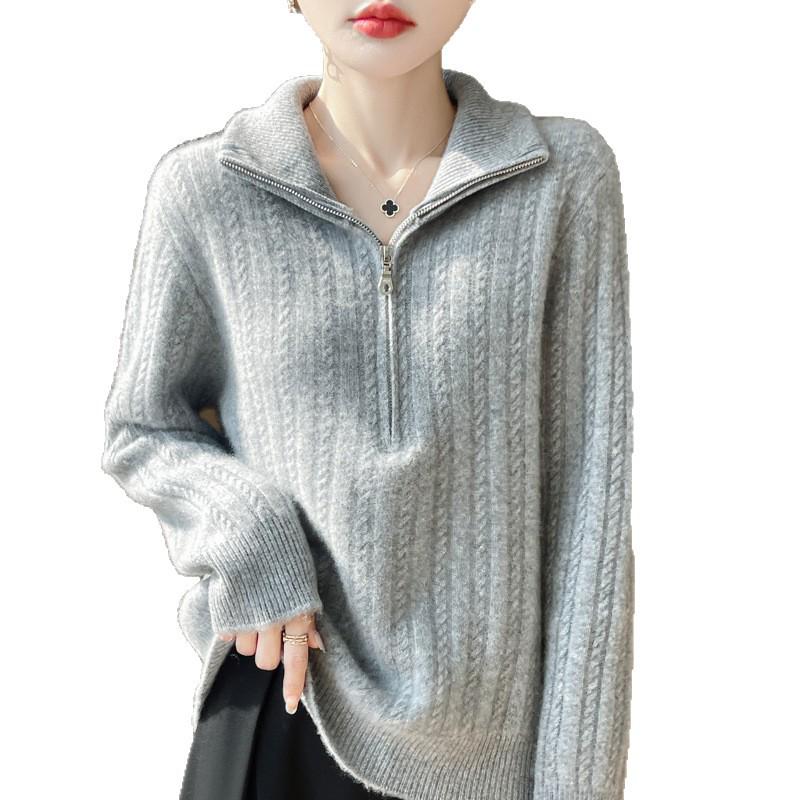 Women's 100% Pure Wool Thickened Half-Zip Cable Knit Cardigan