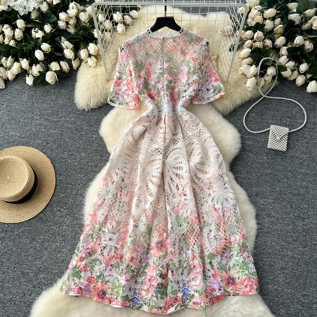 Элегантное длинное платье French Chic для женщин, вязаное крючком, ажурное кружевное, цветочное, женское платье с круглым вырезом, с коротким рукавом, Vestidos, дропшиппинг