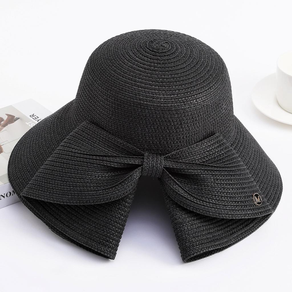 Women's Large Brimmed Summer Foldable Bow Woven Hat for Sun Protection and UV Protection, Fashionable and Versatile Sun Hat