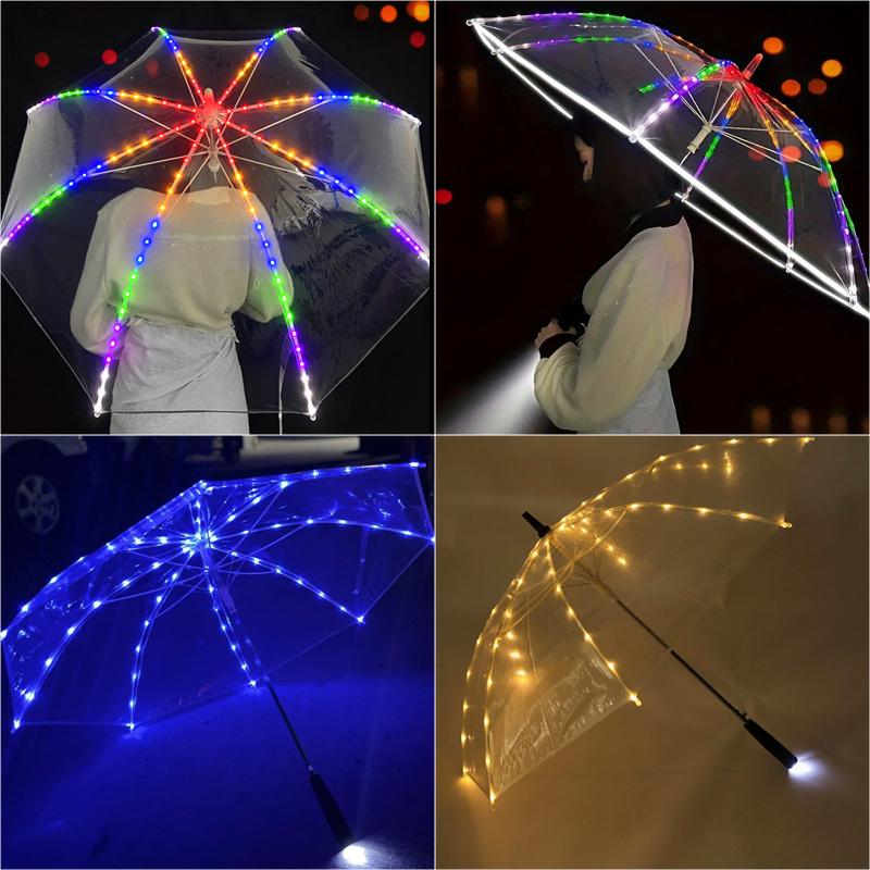 8 Ribs Clear Umbrella with Built-in Flashlight Lighting Colorful Luminous Umbrella for Rainy Day Dance Perfomance Props
