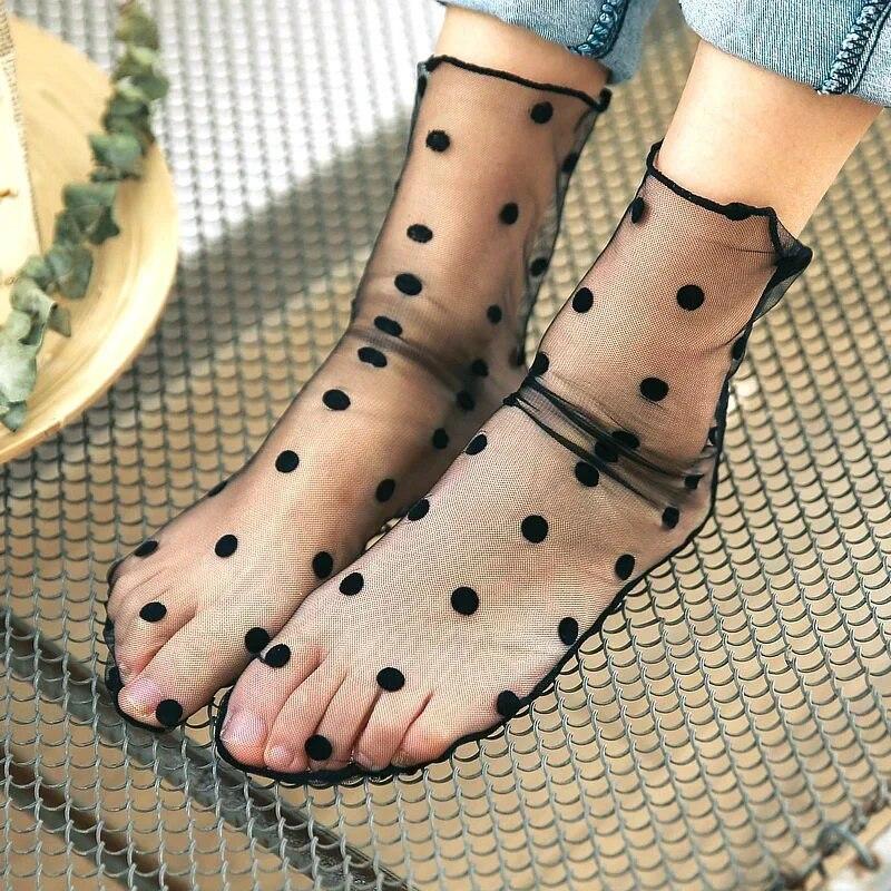 1pair Sexy Star Dot Lace Socks Women Transparent Mesh Ankle Socks Ladies Ultra-Thin Princess Tulle Socks Female Streetwear Socks