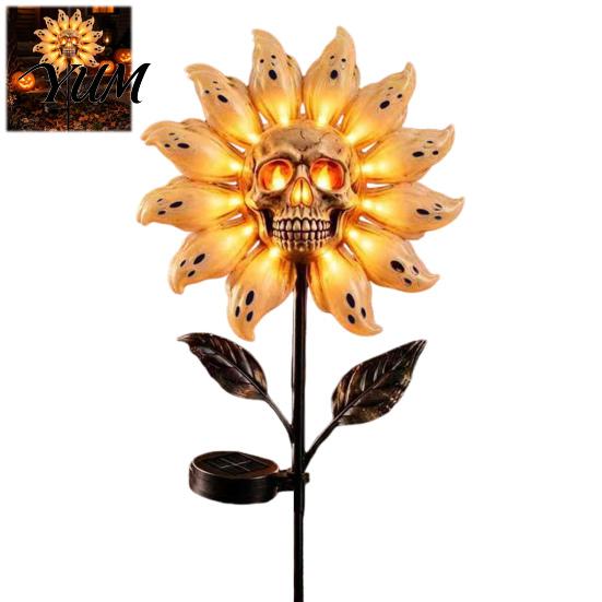Weather Resistant Outdoor Porch Decor Solar Powered Skull Sunflower Light, Waterproof Garden Stake Holiday Gift for Lovers Halloween Yard Lawn Pathway