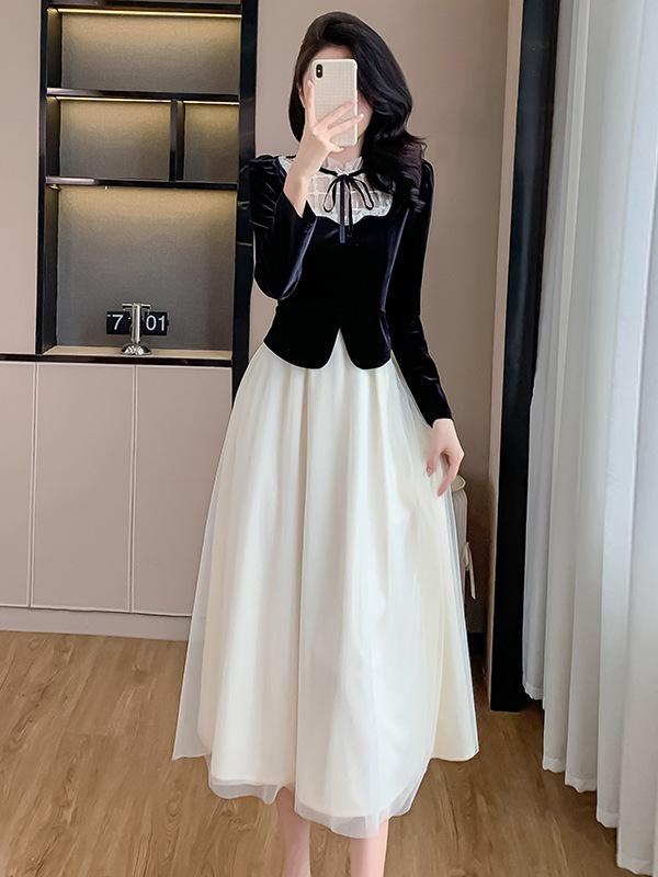 Французское ретро-платье из бархата с многослойной юбкой для весны и осени