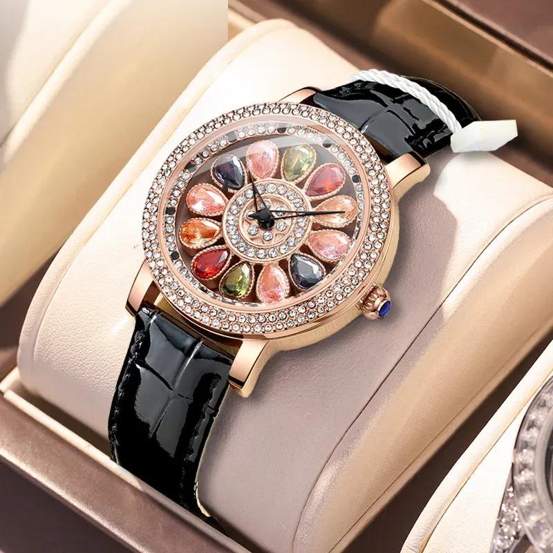 Ladies' Quartz Watch with Rotating Dial Rose Gold Inlaid with Diamonds and Gemstones Fashionable Waterproof Quartz Watch Women's Watch