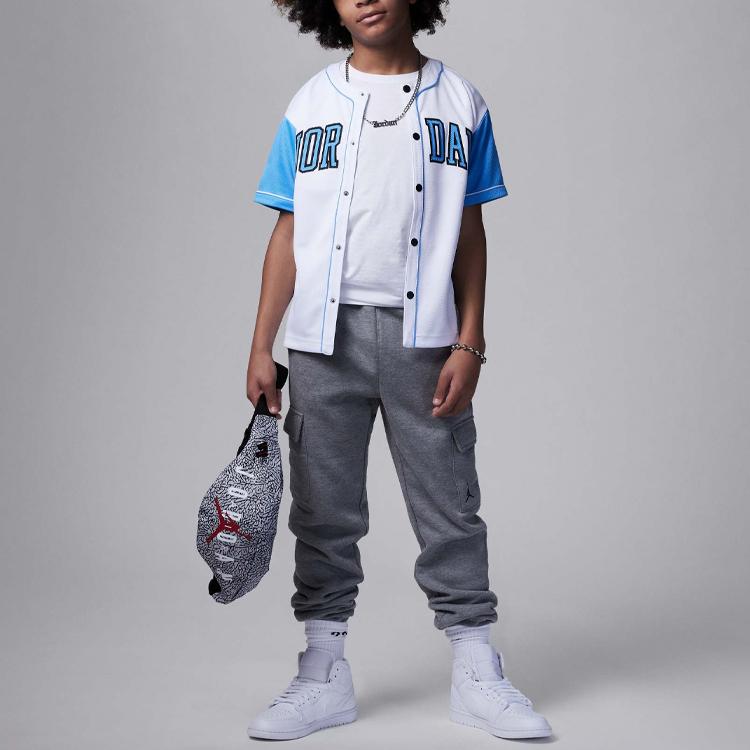 Jordan T-Shirt Letter Logo Number Embroidery Color Block Round Neck Single Button Short Sleeve Kids Tops White FQ0573-100