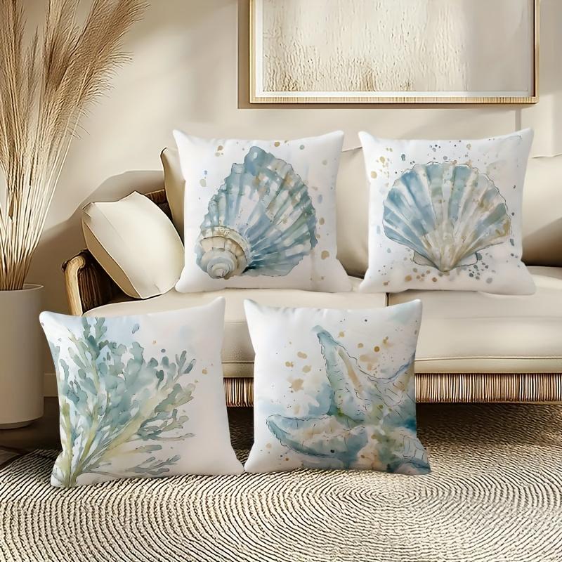 4pcs Watercolor Ocean Theme Pillow Covers with Shell and Starfish Pattern, Fresh Artistic Cushion Covers in Three Sizes, Dou'ble-Sided Print, Zipper C