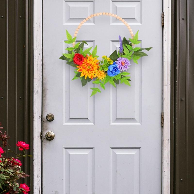 Spring Wreath for Front Door Farmhouses, Wood Bead Wreath with Artificial Flower Leaf, Spring Summer Wreath for Wedding
