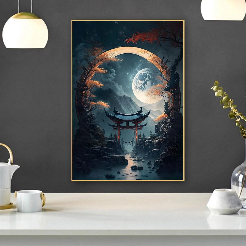 Древний пейзаж Лунная ночь Сюрреализм Искусство Холст Картина Настенный поп-плакат и принты Фэнтезийные ворота Современная гостиная Спальня Домашние фотографии Декор