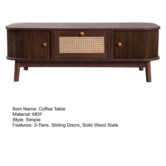 Home Reception Cocktail Tea Table Coffee Table Rattan Drawers with and Sliding Doors Storage Cabinet Solid Wood Slats Legs Natural Country Style