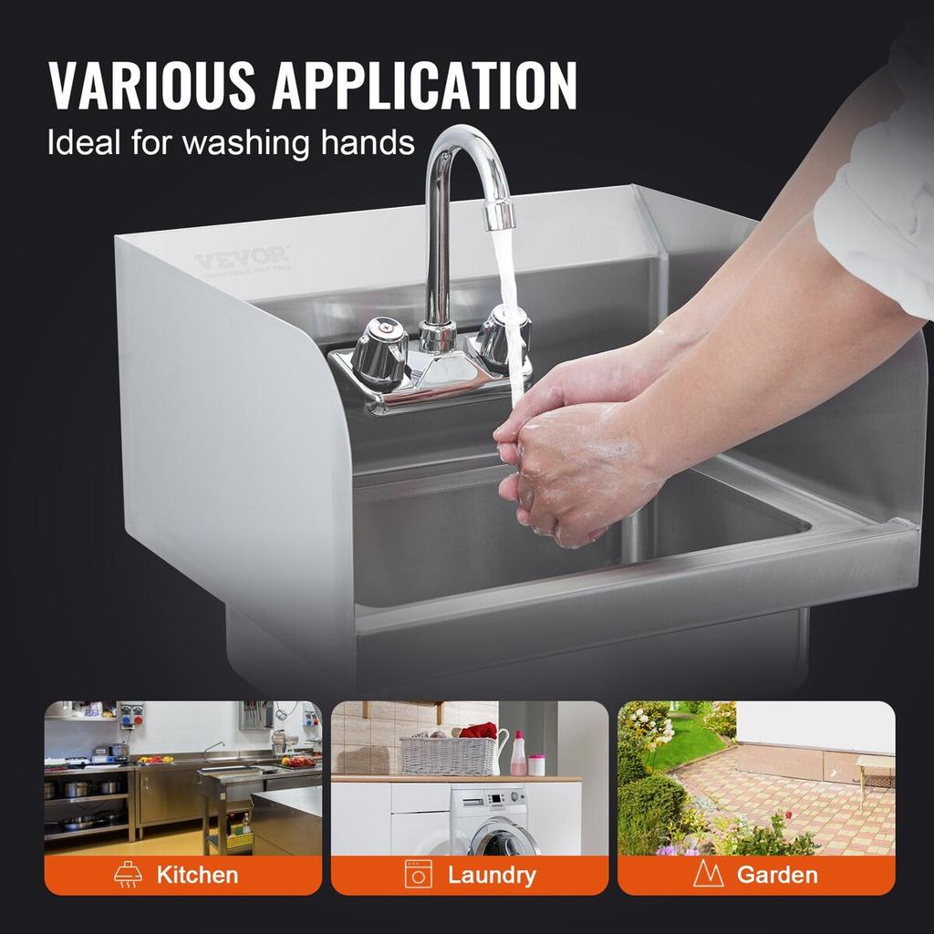 Commercial Hand Sink with Faucet and Side Splash, NSF Stainless Steel Sink for Washing, Small Hand Washing Sink, Wall Mount Hand Basin for Restaurant,