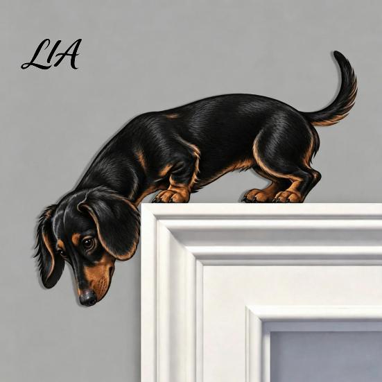 Wooden Dog Statue for Door Dachshund Topper, Cute Handcrafted Sign, Rustic Wall Art Decor Schnauzer Corner Ornament Front Porch, Indoor Outdoor