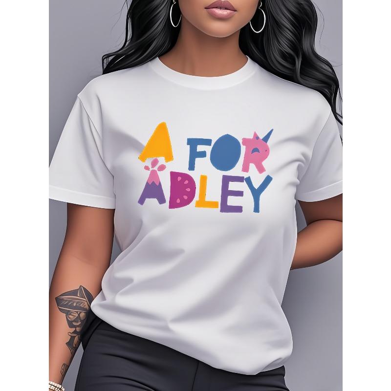 Креативная футболка FOR ADLEY с принтом в виде букв, женская одежда с коротким рукавом и круглым вырезом, с мультяшными дизайнами букв