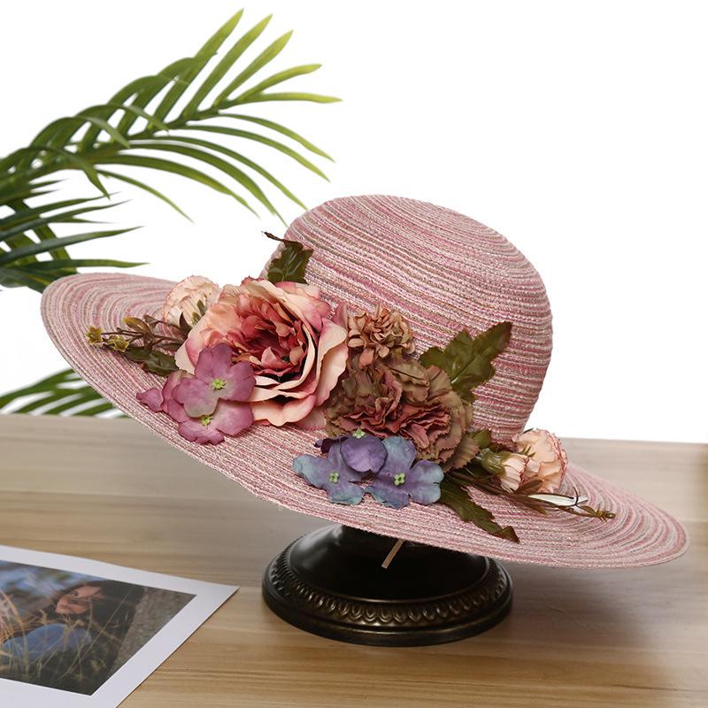 Summer new sunscreen sunshade flower straw hat women's beach travel hand-woven hat foldable big eaves hat