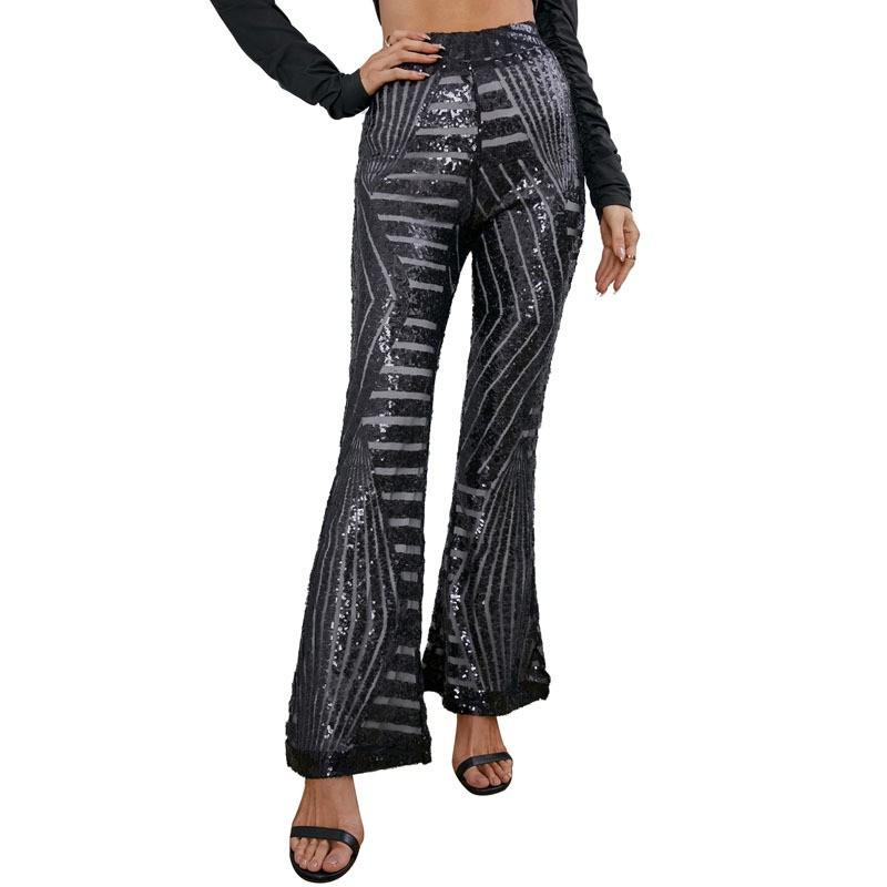 Womens High Waist Wide Leg Pants Sequined Flared Trousers Casual Fashion