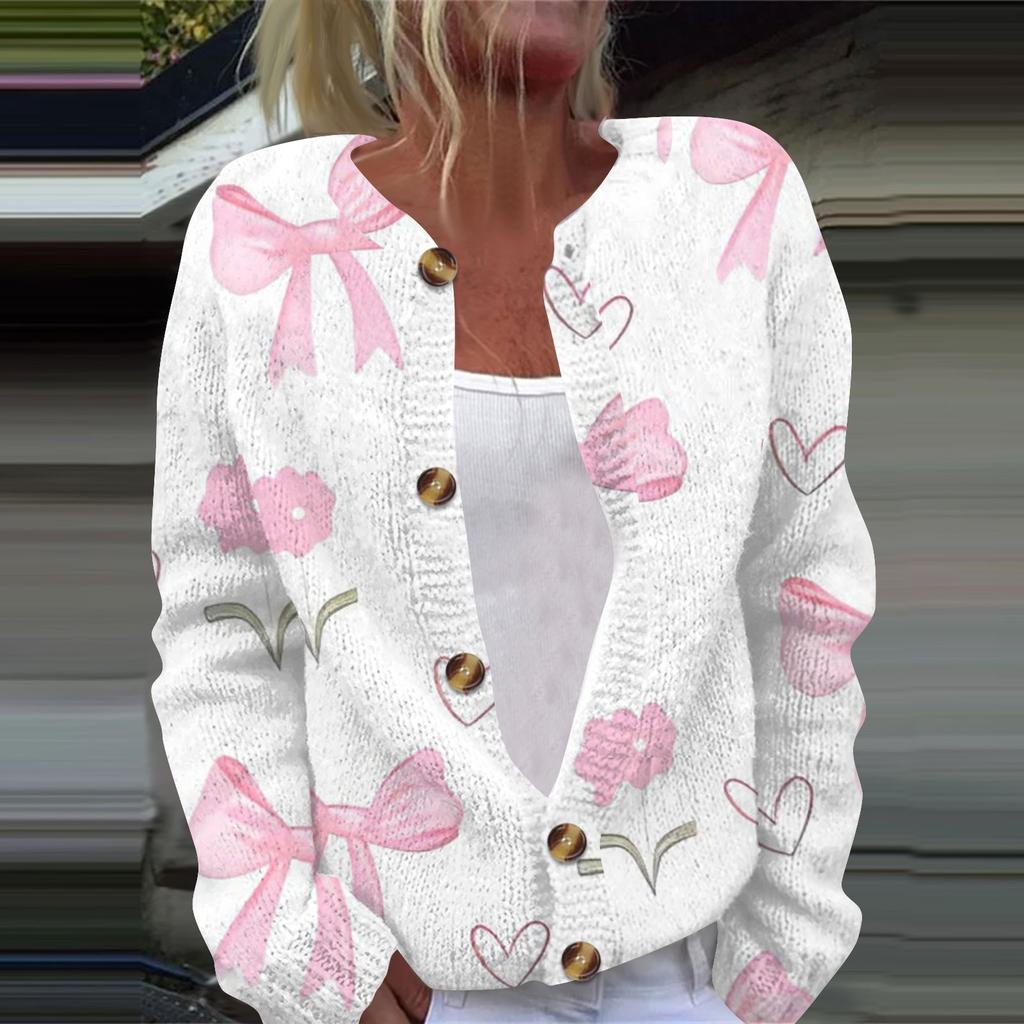 Женская мода с принтом банта, длинный рукав, вязаный кардиган, куртка на пуговицах