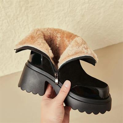 Мода 2025 Натуральная кожа Высокие каблуки Зимние теплые шерстяные ботинки Женские ботинки Круглый носок Массивный каблук Ботинки на платформе для женщин Zapatos De Mujer