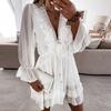 New Women Long Sleeve Holiday Pleated Mini Dresses Sexy Deep V Neck Evening Party Tunic Dress Vestidos Plus Size