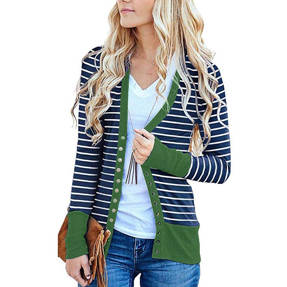 Women's Long Sleeve Ribbed Neckline Open Front Stripe Snap Button Down Knit Cardigans Sweater Coats