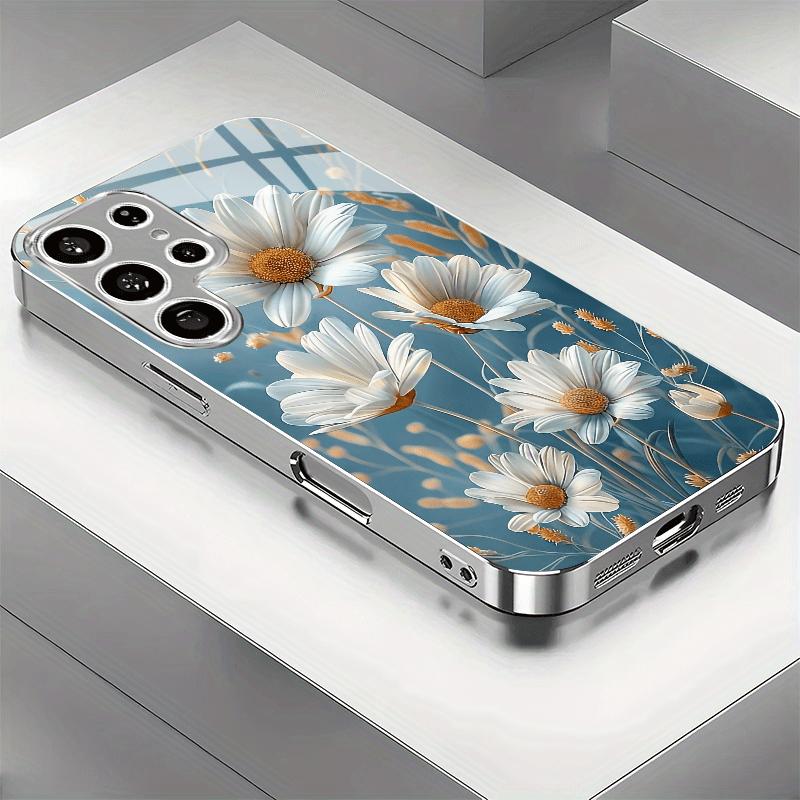 Позолоченный чехол для телефона из закаленного стекла, совместимый с Galaxy S26 S25 S24 S23 S22 Ultra Plus. Имеет дизайн с белой ромашкой.