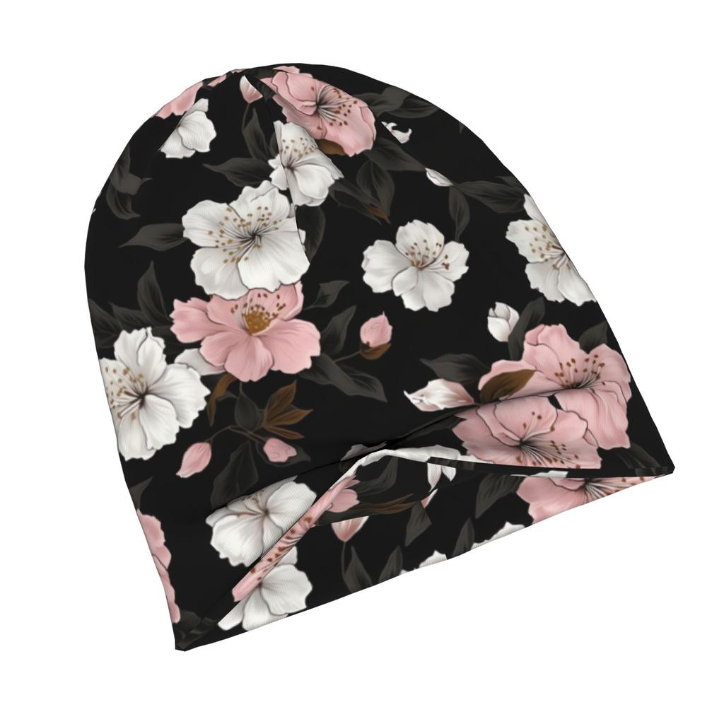 2D Flat Printing Pink White Cherry Blossoms Flowers Seamless Pattern Tile Adult Knit Beanie with Style Fits Effortlessly into Seasonal Wardrobes and P