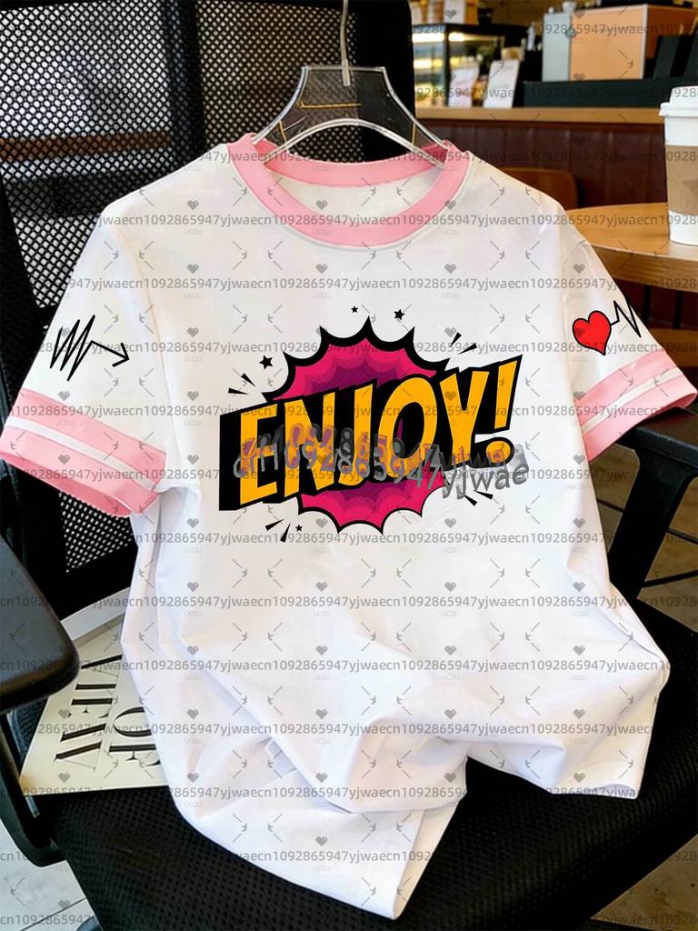 Womens Men Plus Size Short Sleeve Stripe ENJOY Print T-Shirt Girl Round Neck Tee Outdoor Sports Plus-size Women's Clothing