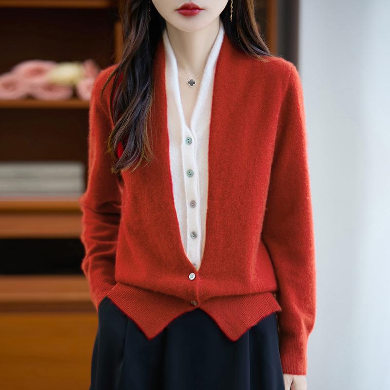 Women's French V-Neck Wool Cardigan - Faux Two-Piece, Long Sleeve, Color Block, Autumn/Winter Collection