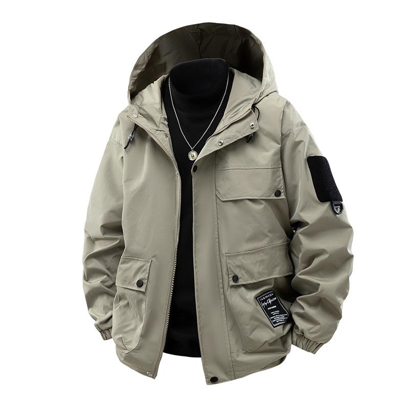 Однотонная куртка Мужская Весна и Осень Свободная Модная Рабочая одежда Уличная Водонепроницаемая Повседневная Куртка с капюшоном Куртка