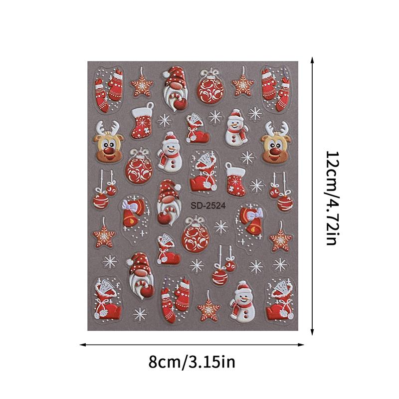5D Embossed Christmas Nail Stickers Christmas Tree, Snowflakes, Elk, Snowman Nail Decal Autumn Winter Nail Supplies Decoration