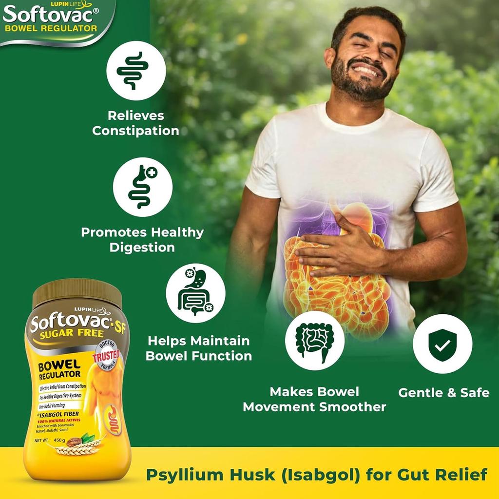 Softovac SF Isabgol Bowel Regulator Powder 450 G Sugar Free Gentle Digestive Support Relieves Constipation Bloating Promotes Healthy Gut for Adults