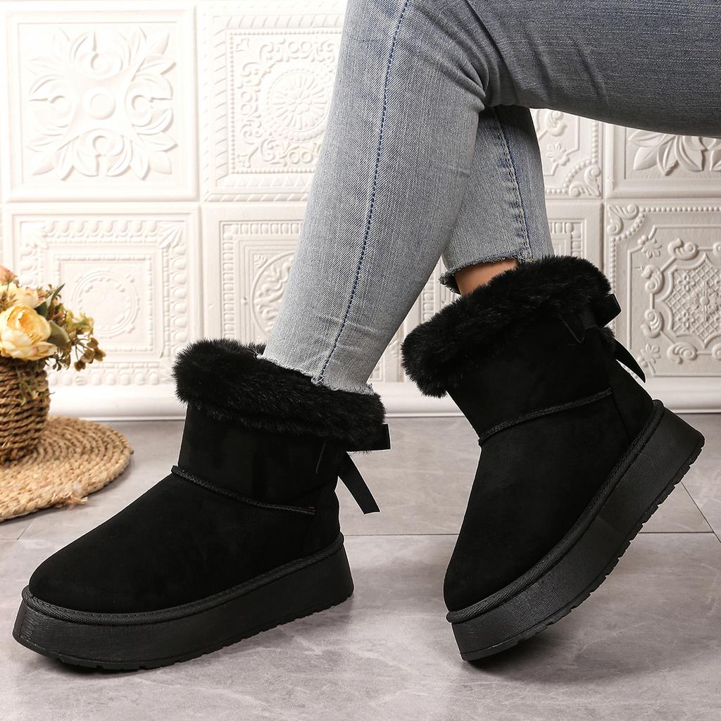 Fashion Women Boots Winter New Bow Plus Cotton Boots Casual All-match Thick Soled Mid-tube Snow Boots Fashion Retro Outdoor Women Shoes