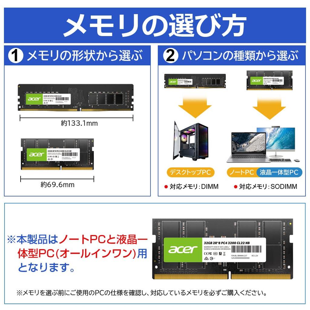 Память для ноутбука Acer 16 ГБ DDR4 DRAM SODIMM Авторизованный дистрибьютор продукт PC4-25600 (DDR4-3200) SD100-16GB-3200-1R8