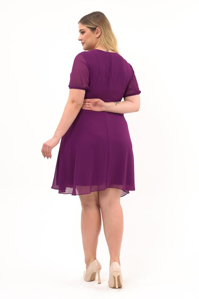 Women's Square Neck Pleated Detail Short Sleeve Midi Length Chiffon Dress 4469/105